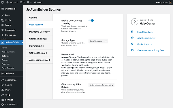 enable user journey tracking in jetformbuilder settings