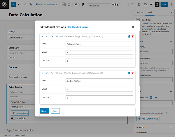 extra service select form field options
