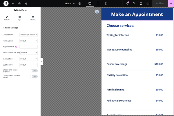 form placed in a pop-up
