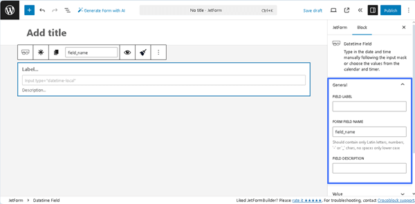 general settings of the datetime field block