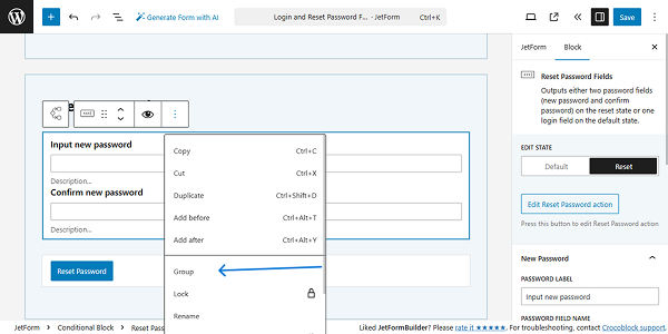 group reset password fields block