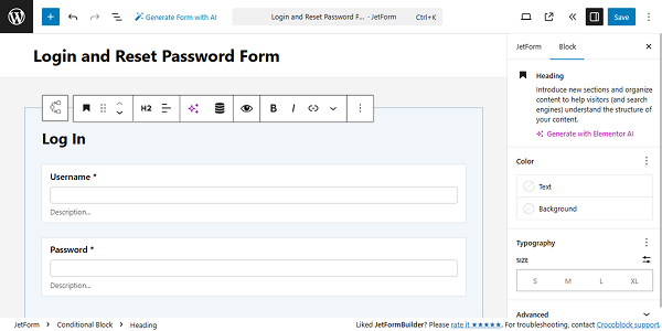 heading, username, and password text fields added to the login block
