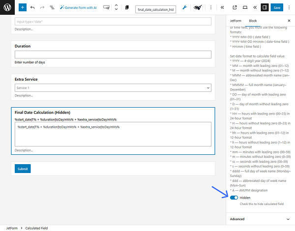 hidden toggle for the calculated field