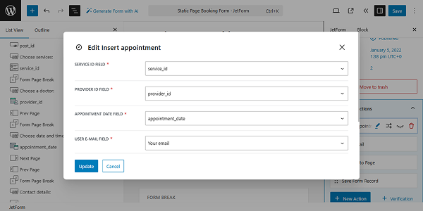 insert appointment action set up