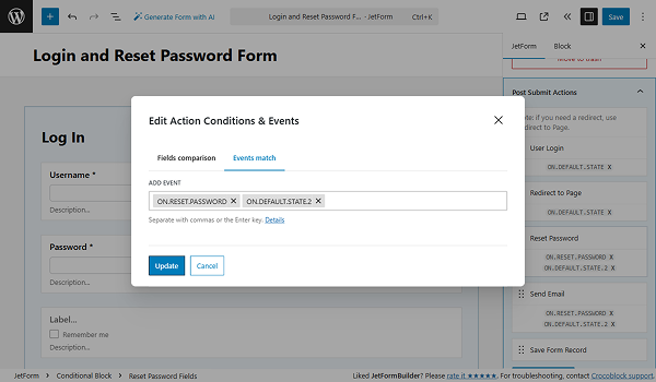 on.default.state2 and on.password.reset events are selected for the user reset password