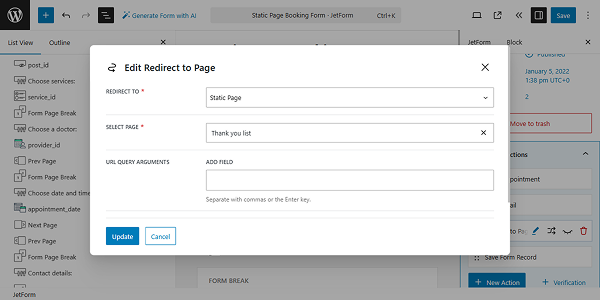 redirect to page action set up