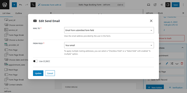 send email action set up