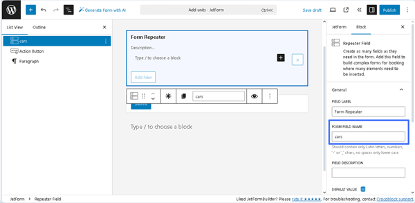 setting the repeater block name
