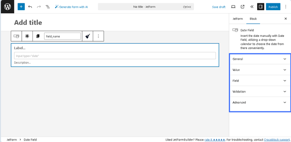 settings of the date field block