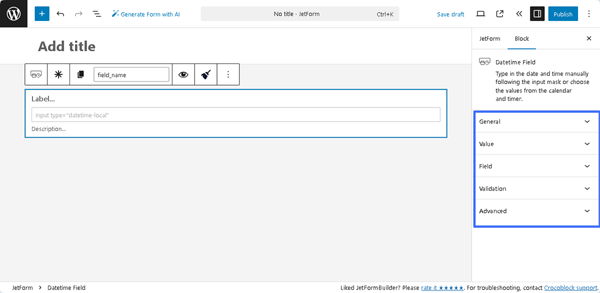 settings of the datetime field block