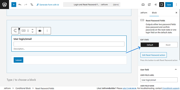 states of the reset password fields block