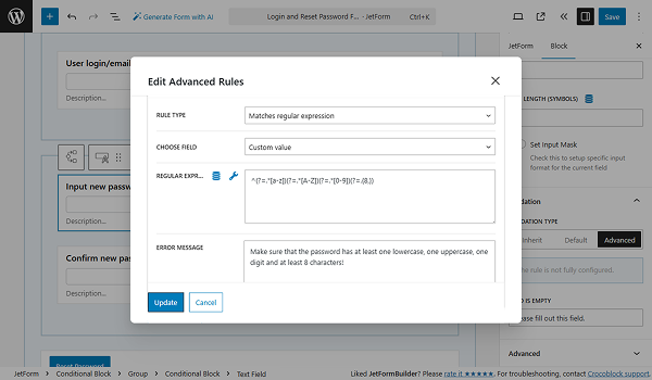 the advanced validation rule for the password is set (1 lowercase, 1 uppercase, 1 digit and at least 8 characters)