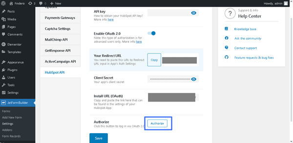 the authorization to the hubspot account
