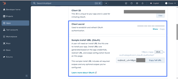 the client secret and sample install URL (OAuth) fields 