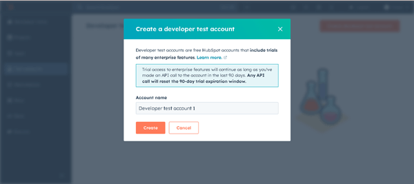 the create a developer test account pop-up