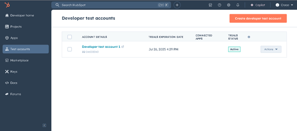 the developer test account tab