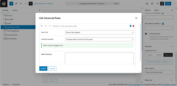 the edit advanced rules pop-up