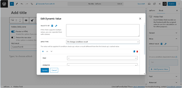 the edit dynamic value pop-up