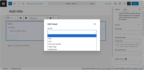 the edit preset pop-up