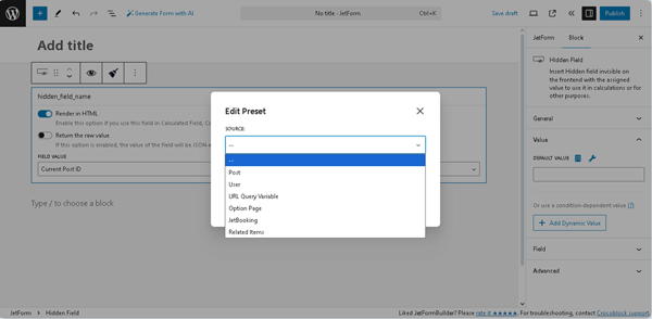 edit preset pop-up