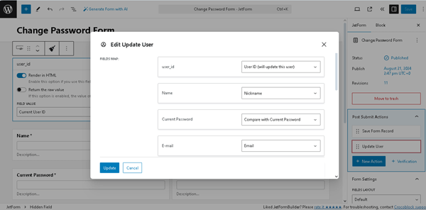 the edit update user pop-up