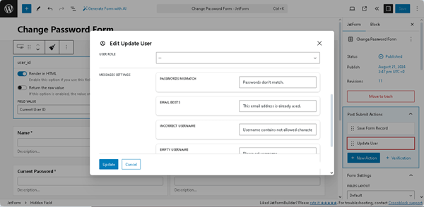 the edit update user pop-up