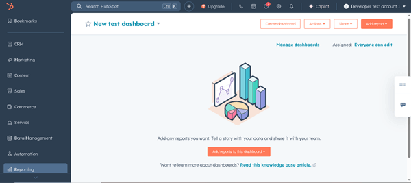 the new test dashboard tab