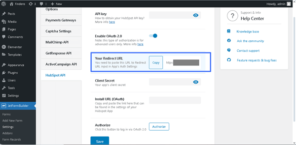 the redirect URL field of the jetformbuilder settings