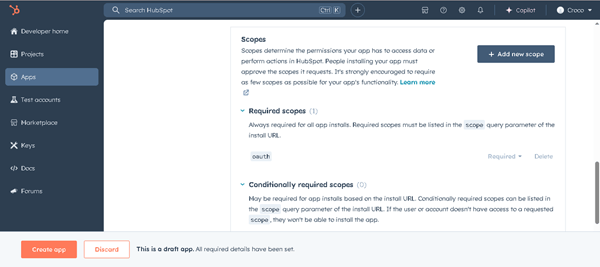 the scopes section of the hubspot account