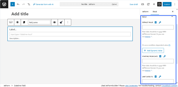 the value tab of the datetime settings