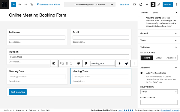 validation and advanced settings tabs