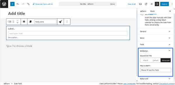 validation settings of the date field