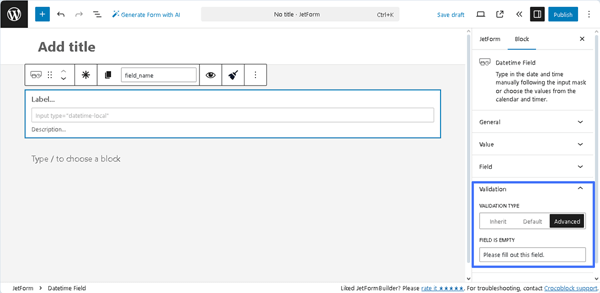 validation settings of the datetime field