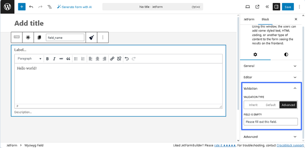 validation settings of the wysiwyg field