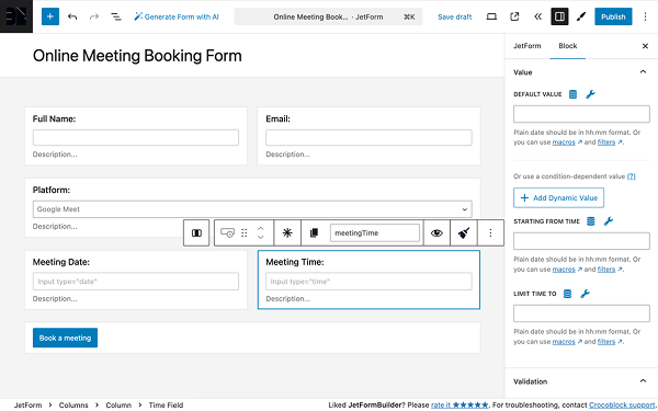 value settings time field