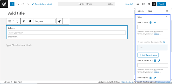 value settings of the date field