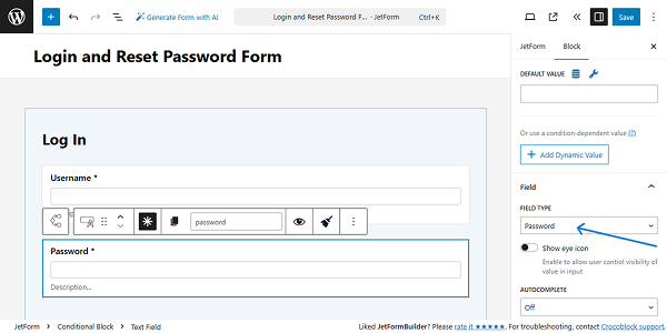 ‘password’ field type selected for the password text field