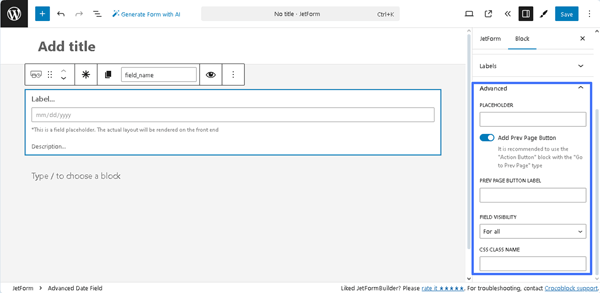 advanced settings of the advanced date field block