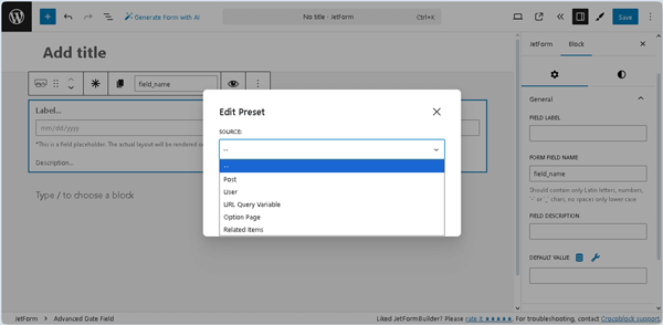 edit preset pop-up