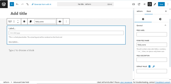 general settings of the advanced date field block