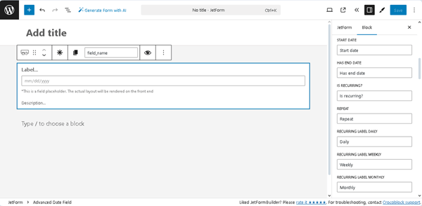 labels settings of the advanced date field block