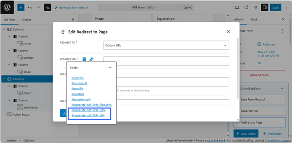setting the macros for the redirect to page post submit action