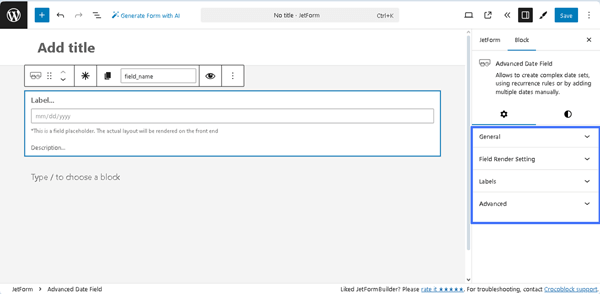 settings of the advanced date field block