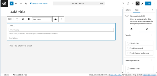 styles settings of the advanced date field block
