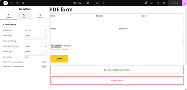 the form added to a page