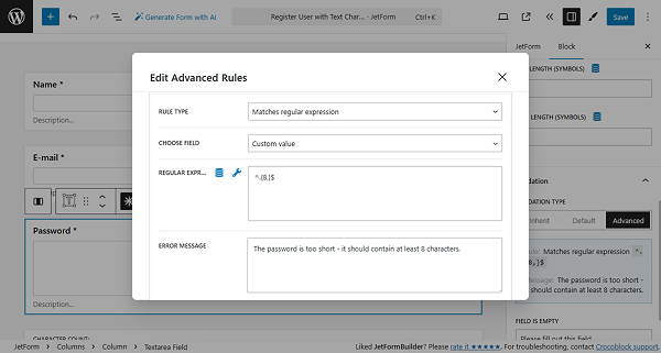 advanced validation set up for the textarea field
