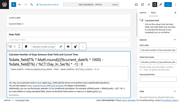 calculated field formula to get the number of days between the date field and the current time