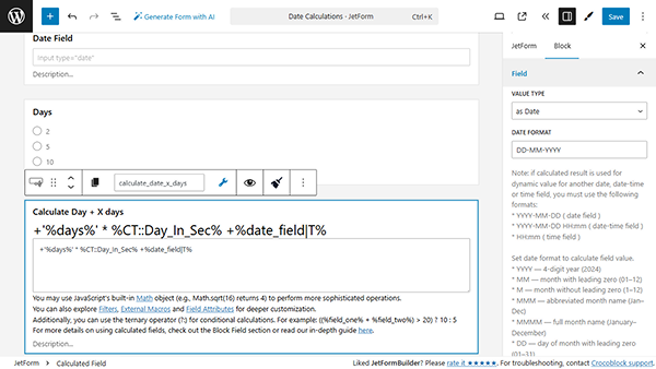 calculated field set up for date x days