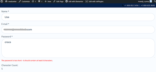character counter works on the front - too short password
