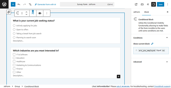 conditional block for 'no' option